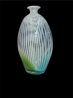 Vintage Murano-Style Mezza Filigrana  Art Glass Vase  Lime White Blue/Turquoise
