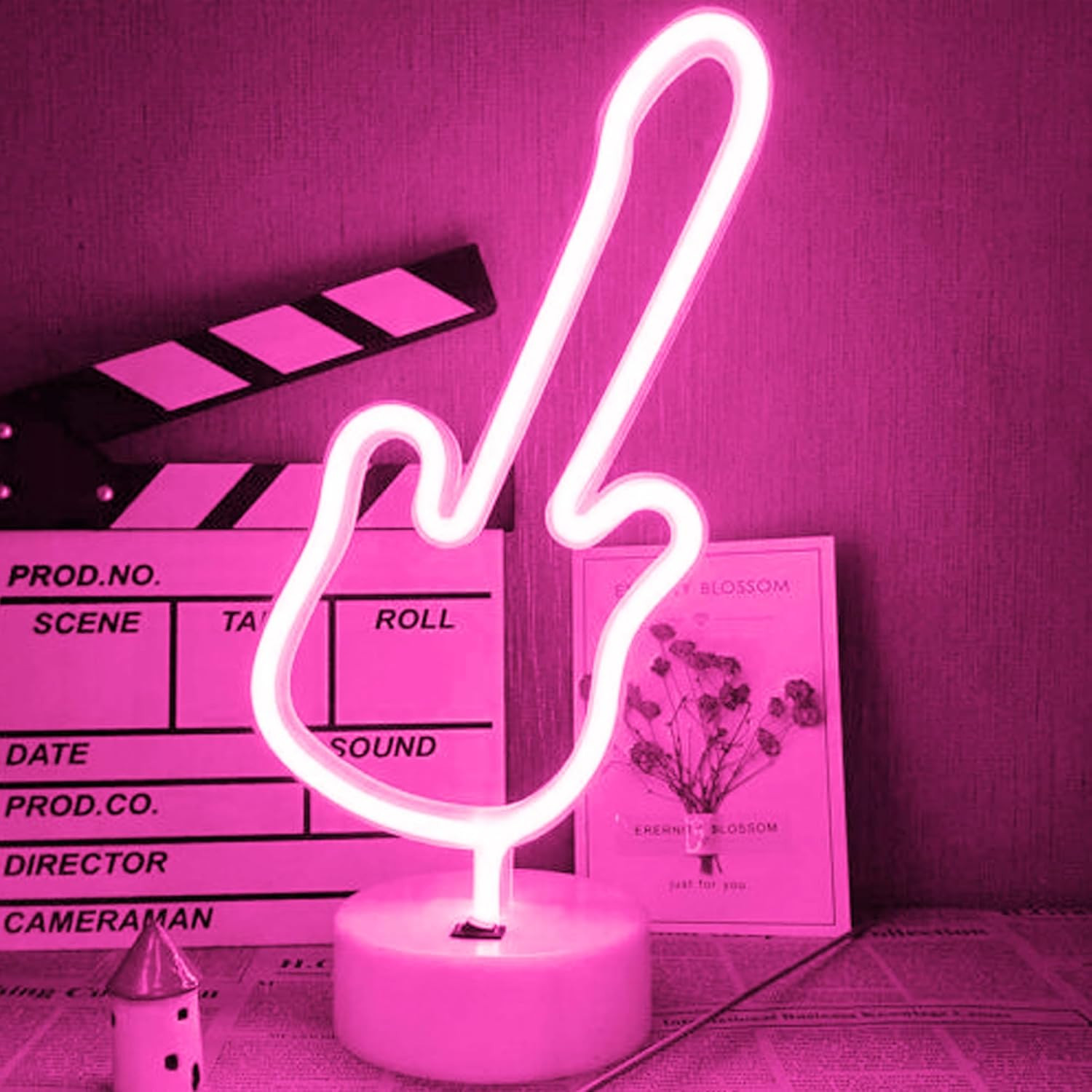 Insegna Neon Chitarra Rosa con Base - Lampada LED USB Decorativa