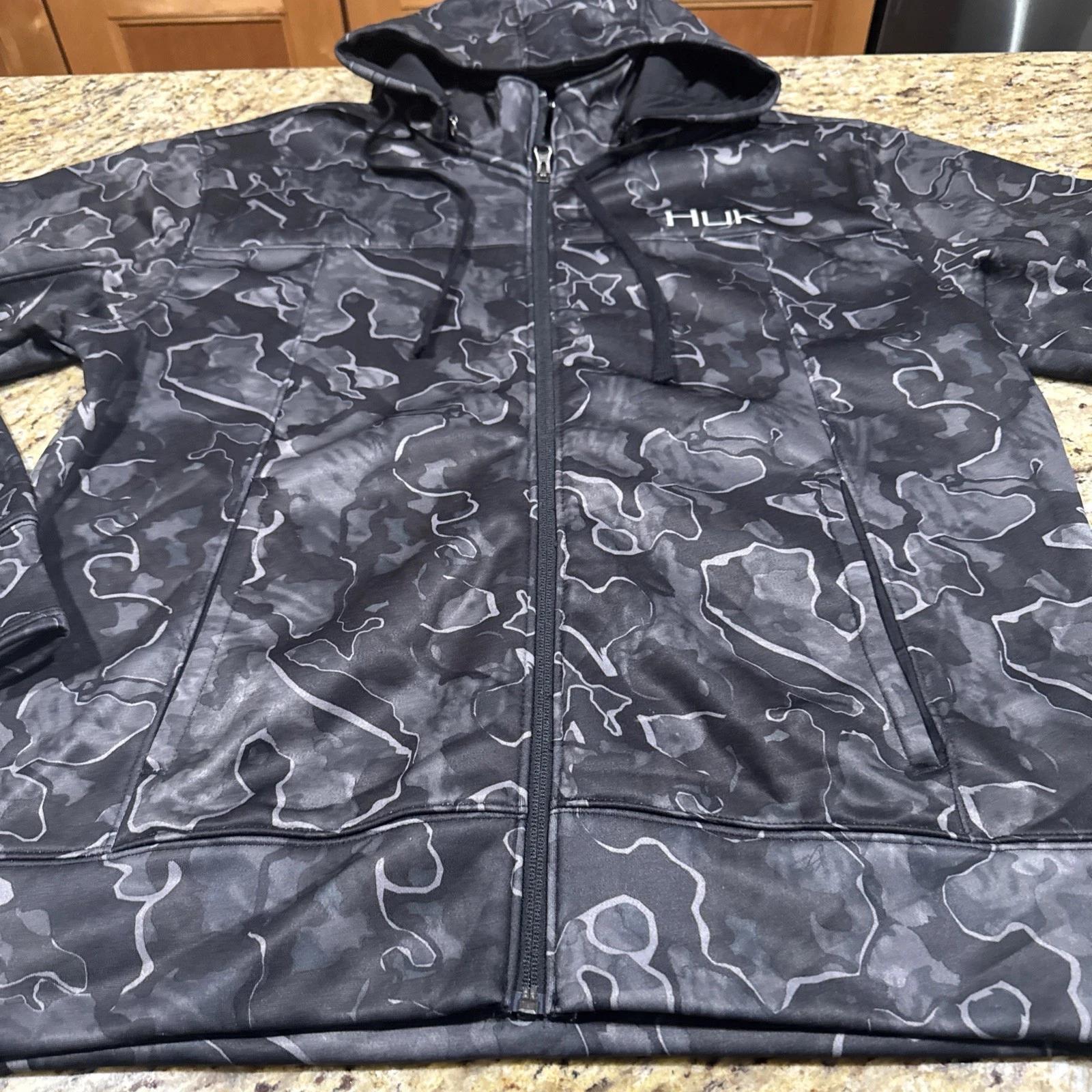 HUK Performance Fishing Jacket w/hood Navy Hood Full Zip Mens Size Medium Cpix