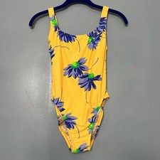 Vintage High Cut Leg 90s Y2K Floral One Piece Swimsuit La Plage Yellow Blue 10