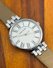 Anne Klein Watch Women Silver Tone White Dial Brown Leather 34mm New Battery