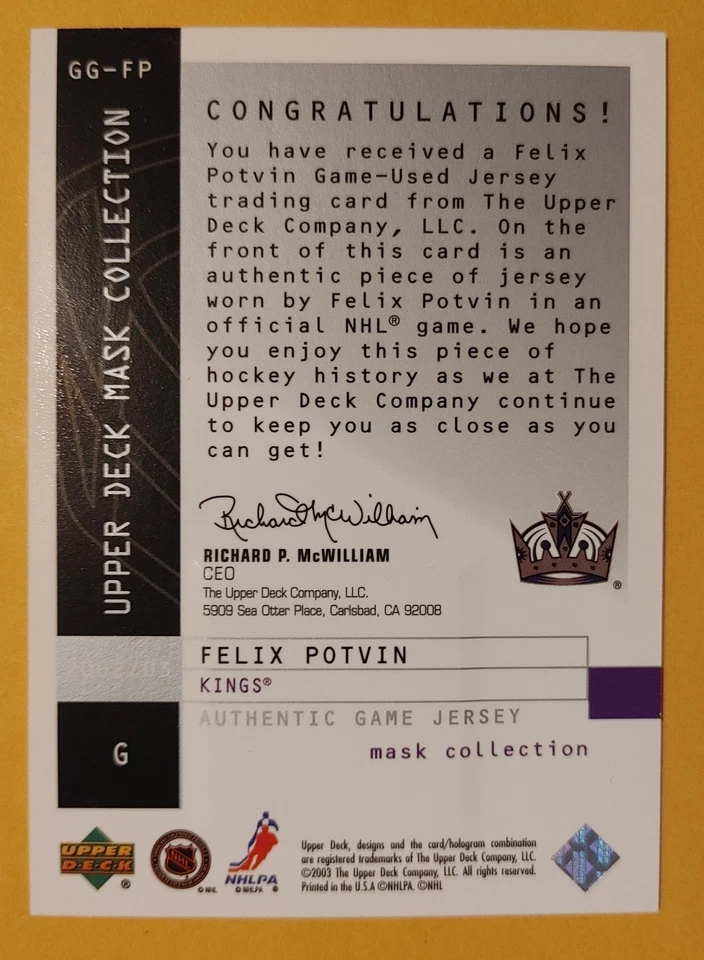 FELIX POTVIN 2002-03 UD MASK COLLECTION GREAT GLOVES #GG-FP KINGS NM-MT A2 - Image 2 of 2