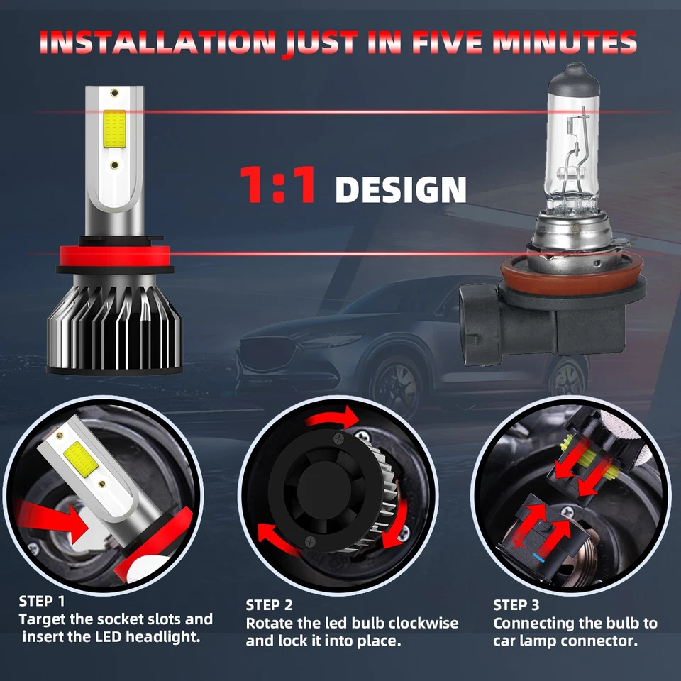 2PCS H8/H9/H11 LED Headlight Bulbs Kit High/Low Beam For Ford Taurus 2009 6000k - Image 2 of 4