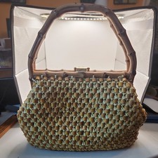 Vintage Gaymode yellow Straw Beaded Purse Handbag Bamboo Handle Made Japan 50's