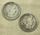 Lot Of (2) 90% Silver Barber Half Dollars 1906P 1912S. Free Shipping.
