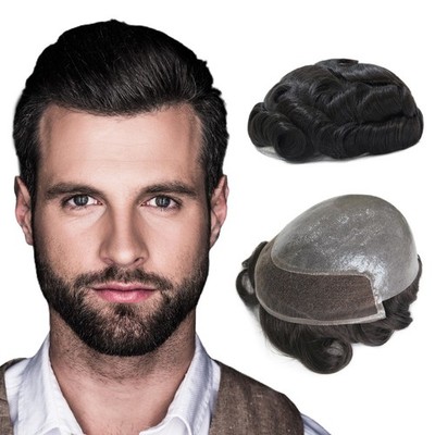 Toupee Mens Human Hair Replecement System Lace Thin Skin Bleach Knots Hairpieces