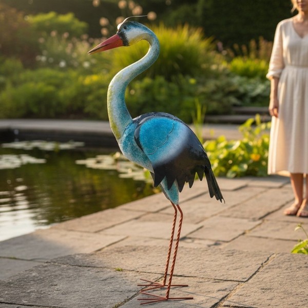 Fischreiher Gartenfigur Metall Gartendeko Wetterfest Handgefertigt 86Cm-image