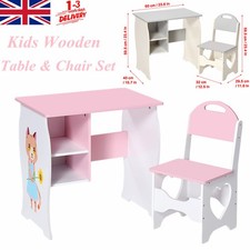 Kids Desk and Chair Set, Wooden Children Writing Study Table & Stool w/ Storage