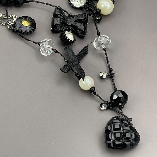 Betsey Johnson Heart Bow Necklace Black Silver Triple Chain Faux Pearl Beads - Picture 6 of 9