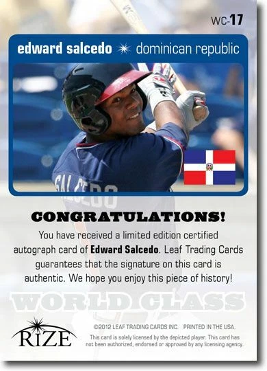 EDWARD SALCEDO 2012 Rize Rookie Autograph GOLD Auto WORLDCLASS RC #/100 - Image 2 of 2