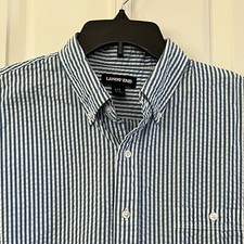 LANDS' END Shirt Adult LT 16-16.5 Blue White Seersucker Striped Button UpMens