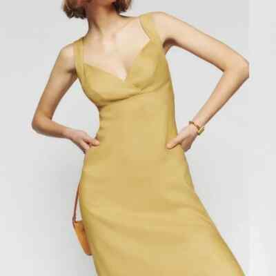 knee length dresses for ladies Rent The Selia Green Linen Dress By Reformation