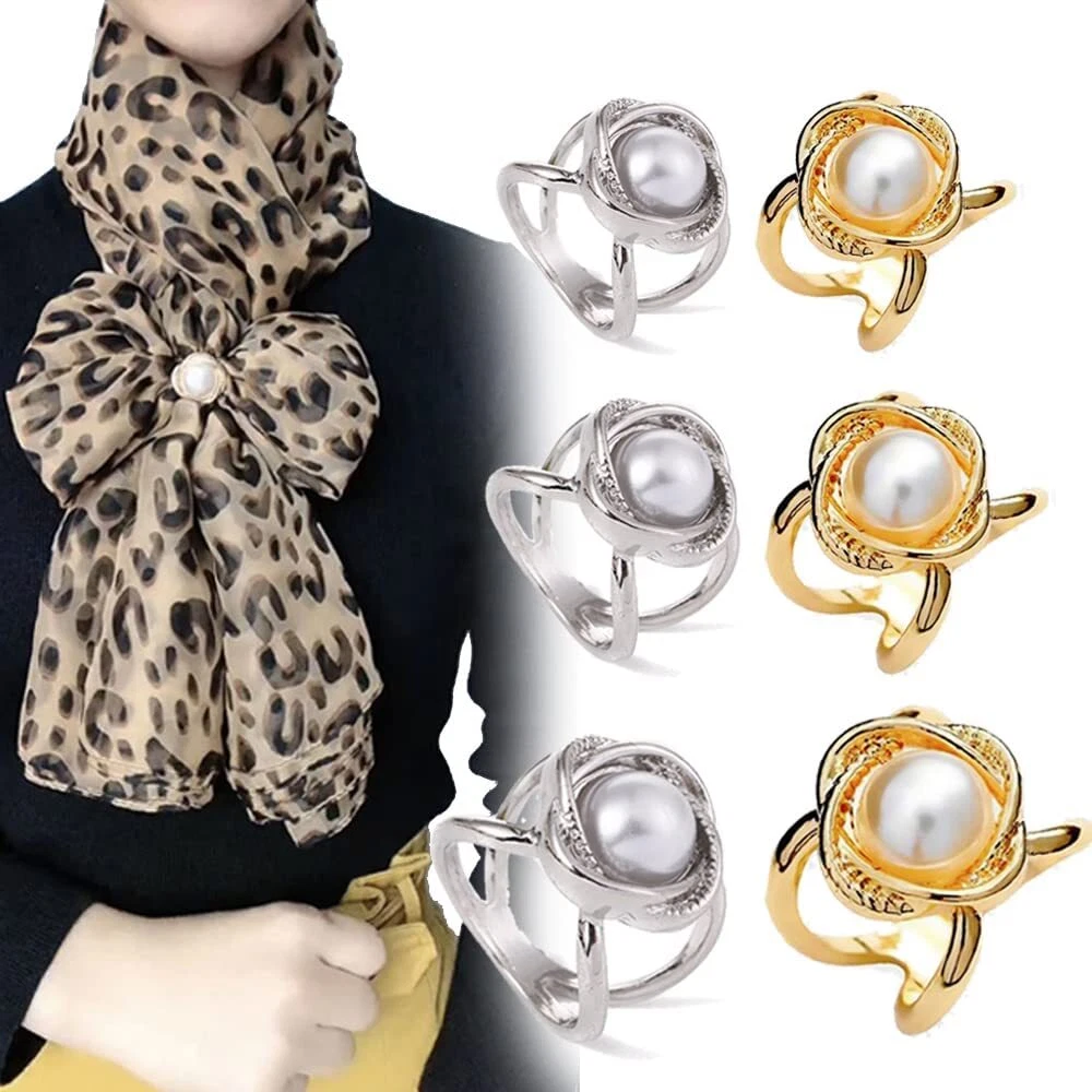 Women's Elegant Pearl Floral Scarf Ring Clip Large Camellia Buckle Fashion  Metal