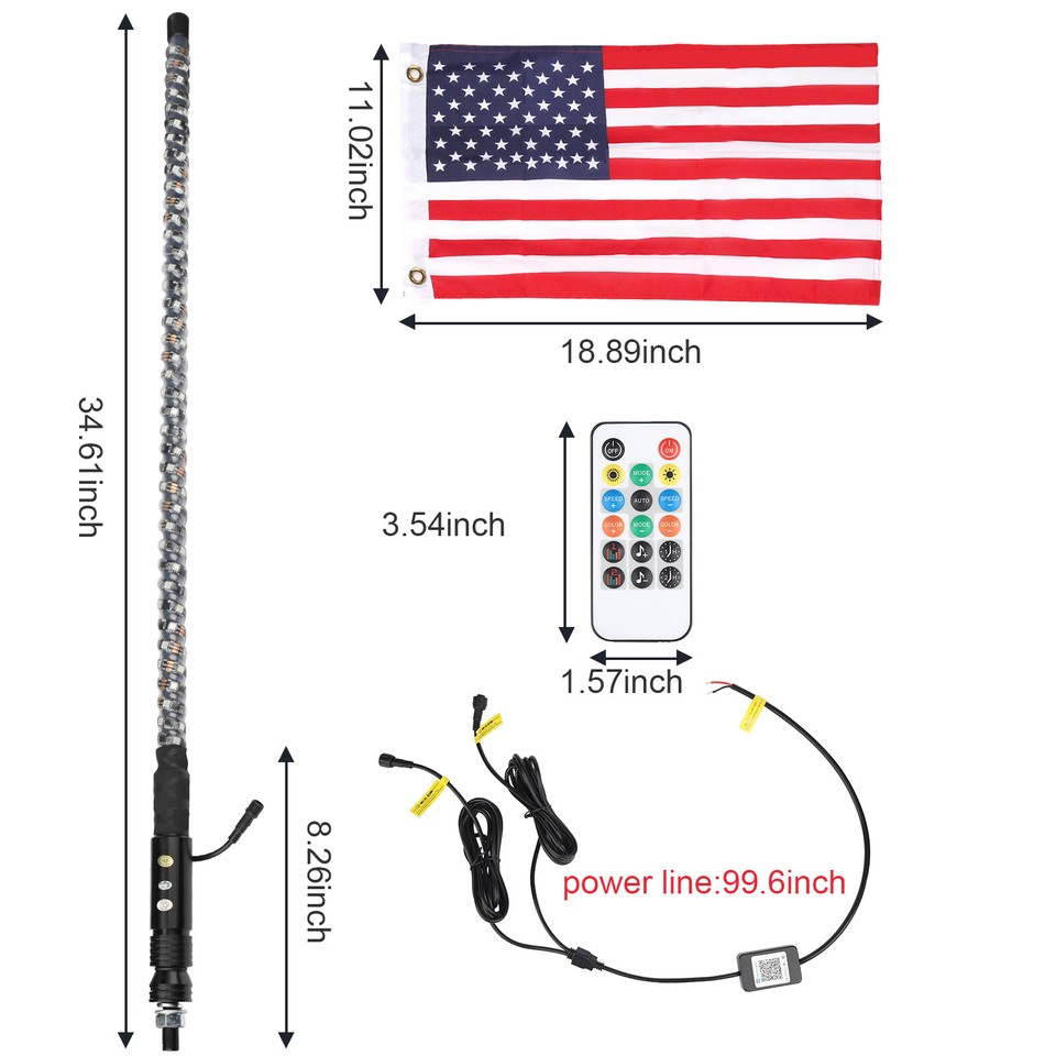 For ATV UTV Pair 2ft RGB Spiral LED Whip Lights Antenna Chase + Flag & Remote US