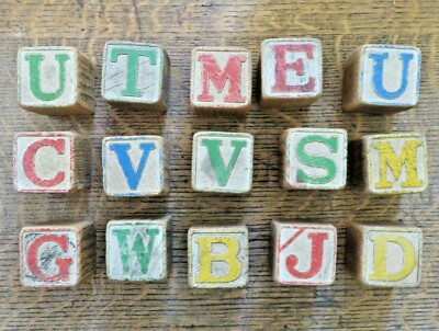 Vintage Wooden Alphabet Number Letter Blocks Group of 15 Well Worn Nursery