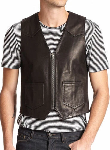 Men's Lambskin Leather Waistcoat Western Stylish Vest Coat Classic Zipper Coat
