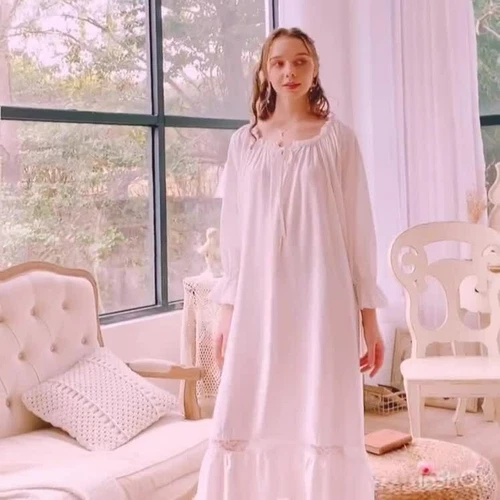 Sexy New Ladies Pyjamas Victorian Vintage Long Sleeve Nightdress-Size-S-XL B1 - Picture 4 of 11