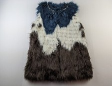 Guess Faux Fur Vest Women S Blue Cream Brown Hook Eye Lined Chain Classic E2