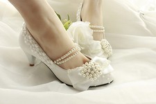 Lace satin bow Wedding shoes Bridal flats low high heel pump wedge size 5-11