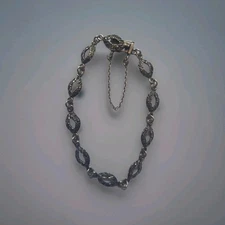 FAS 925 Sterling Silver Vintage Marcasite Open Oval Link Chain Bracelet 7.5"