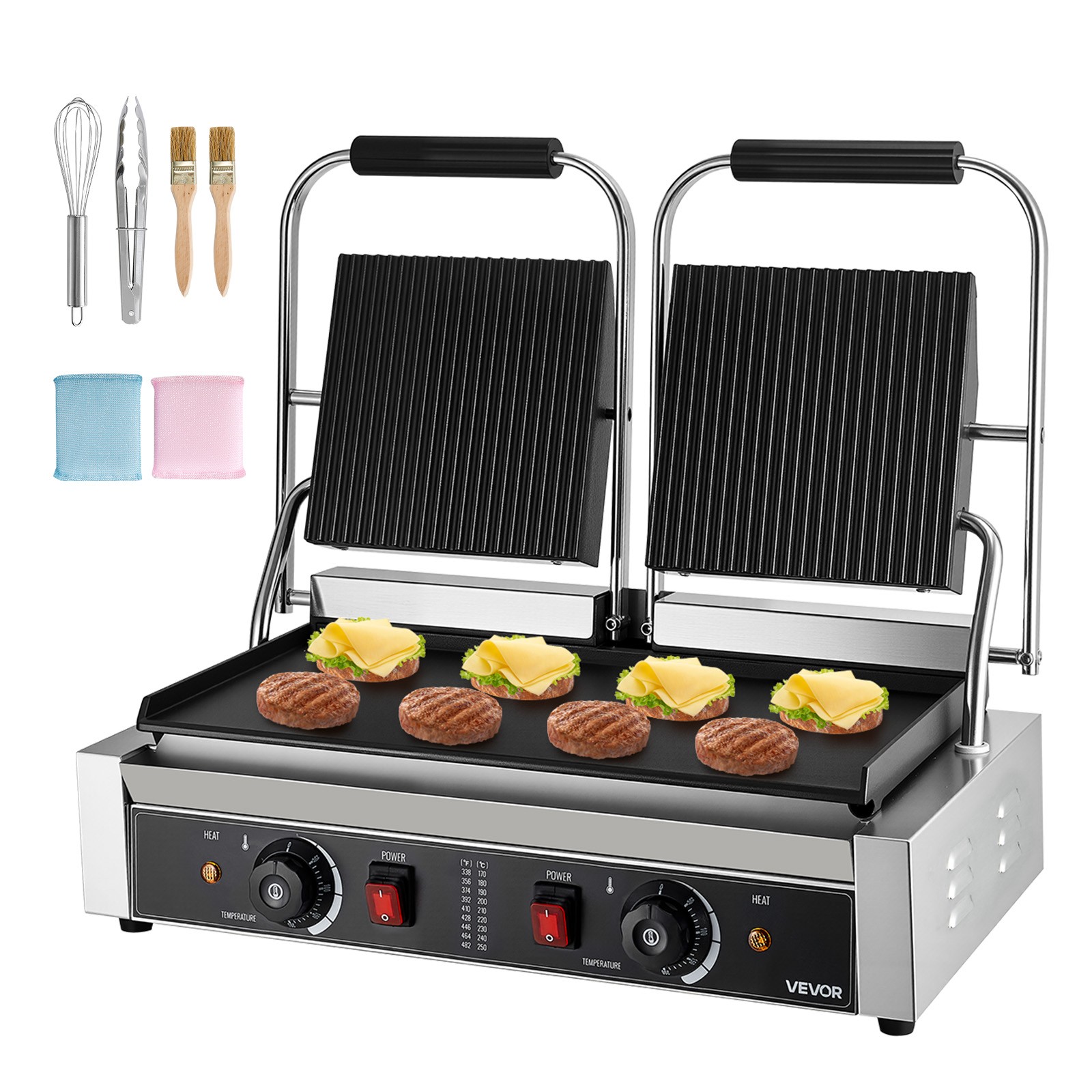 VEVOR Commercial Panini Press Grill Electric Sandwich Maker Griddle Plate 19x9in