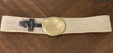 Vtg NWT 80s Tan Stretch Belt Brass Buckle Sz M/L Disco Boho Style