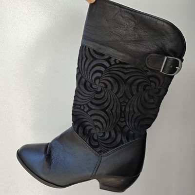 ACME Circle A Boots Womens 6.5M Black Leather Suede Swirl Pattern Buckle Vintage