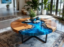 Luxury Blue River Stone Round Coffee Table – Custom Solid Wood Masterpiece