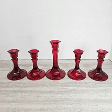 Set of 5 Vintage Ruby Red Glass Candlestick Holders Octagonal Base Elegant Decor