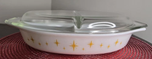 VINTAGE PYREX CONSTELLATION ATOMIC STARBURST DIVIDED 1.5 QT CASSEROLE DISH W/LID