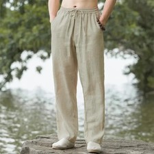 Mens Linen Cotton Beach Pants Casual Straight Elastic Waist Summer Joggers S-3XL
