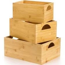 3 Pack Bamboo Storage Bin, Bamboo Storage Box Crate, Natural Nesting Organize...