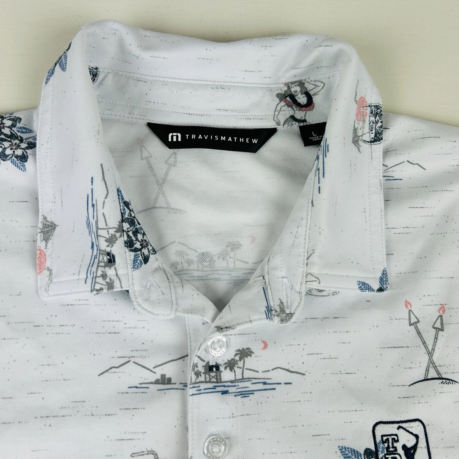 Travis Mathew Mens Golf Polo Shirt Sz Large Collared White Hawaiian Hula