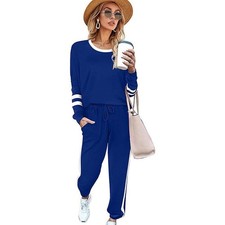Blue Ladies Striped Cuff Long‑Sleeve Top Drawstring Jogger Two‑Piece Suit