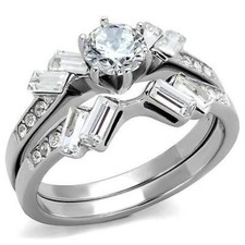 Engagement Wedding Ring Set Womens Round Clear CZ Stainless Steel Szs 5 8 9 10