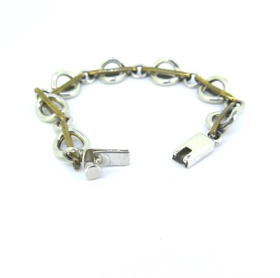 Vintage Sterling Silver & Brass Circle Design Bracelet Small length 15.5cm 14.8g