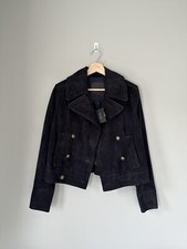 Bnwt Massimo Dutti Navy Double Breasted Suede Leather Jacket With Buttons Size S