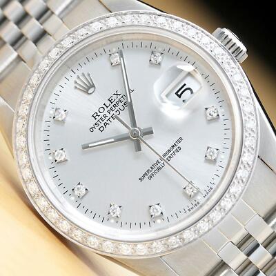 MENS ROLEX DATEJUST 16234 SILVER FACTORY DIAMOND 18K WHITE GOLD