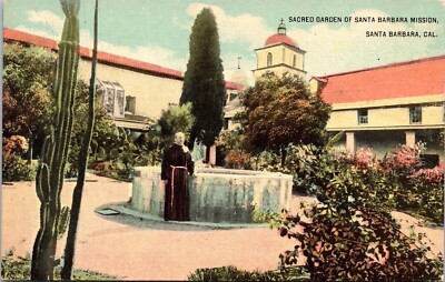 Sacred Garden Mission Building Santa Barbara California CA Man Cactus Postcard