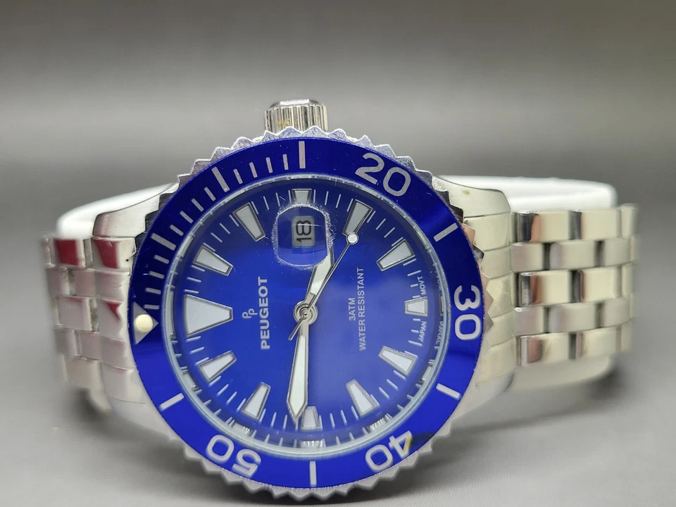 Peugeot Man's 1028SBL Silver Tone Ratchet Blue Sport Bezel Watch Analog Date - Image 2 of 4
