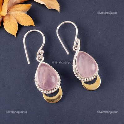 925 Solid Silver Pear Cut Rose Quartz Stone Good Luck Drop Hook Wife Earrings