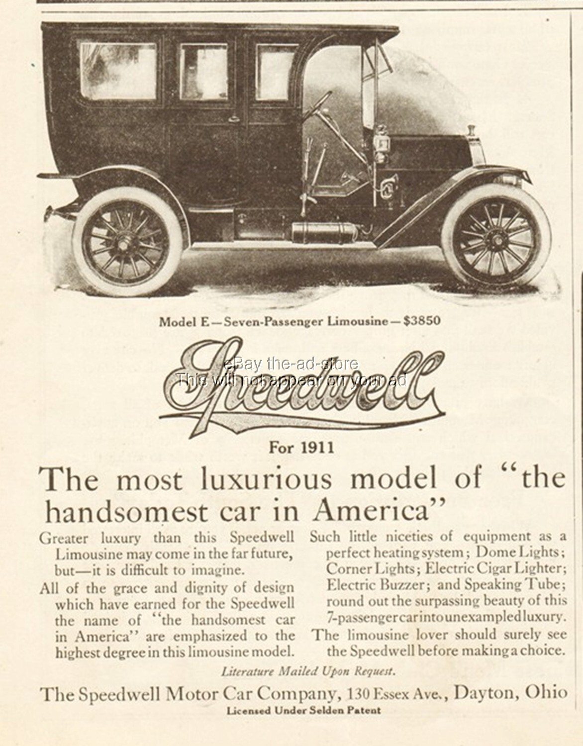 1910 Speedwell Motor Car Co Dayton OH Model E 7-Passenger Limousine $3850 Ad