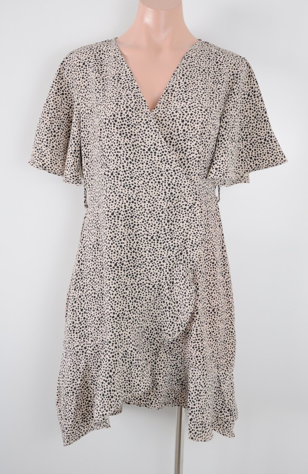 Ally Dress Womens Size 10 Brown Black Animal Print Short Sleeve mock Wrap