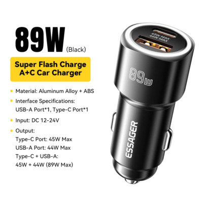 89W Dual Port Car Charger USB-C PD 45W + USB-A QC3.0 Fast Charging Adapter