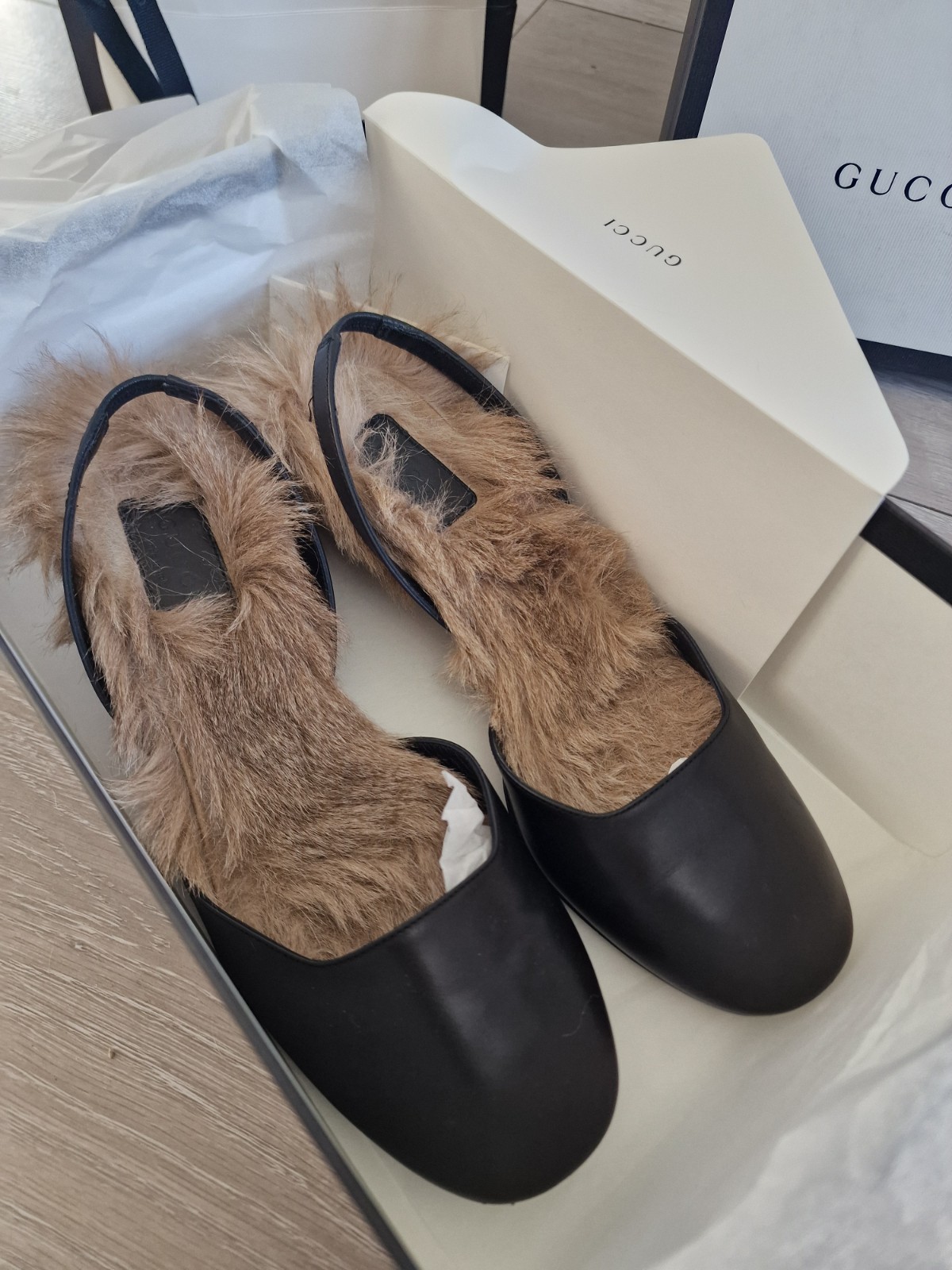 Gucci Black Leather Arielle Soft Fur Lined Slingback Kitten Heel Size UK 5 - 5.5 image 8