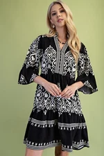 Gigio  by Umgee Black Printed Tiered Dress  3/4 Length Bell Sleeves Ruffled Neck