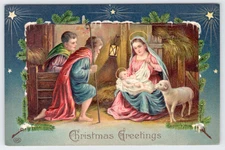 c1910 Religious Christmas Postcard- Nativity Scene, Holy Family, Shepherd , Lamb