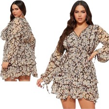 Fashion Nova Edith NEW Ruffle Mini Dress Black Floral Long Sleeve Womens L #557