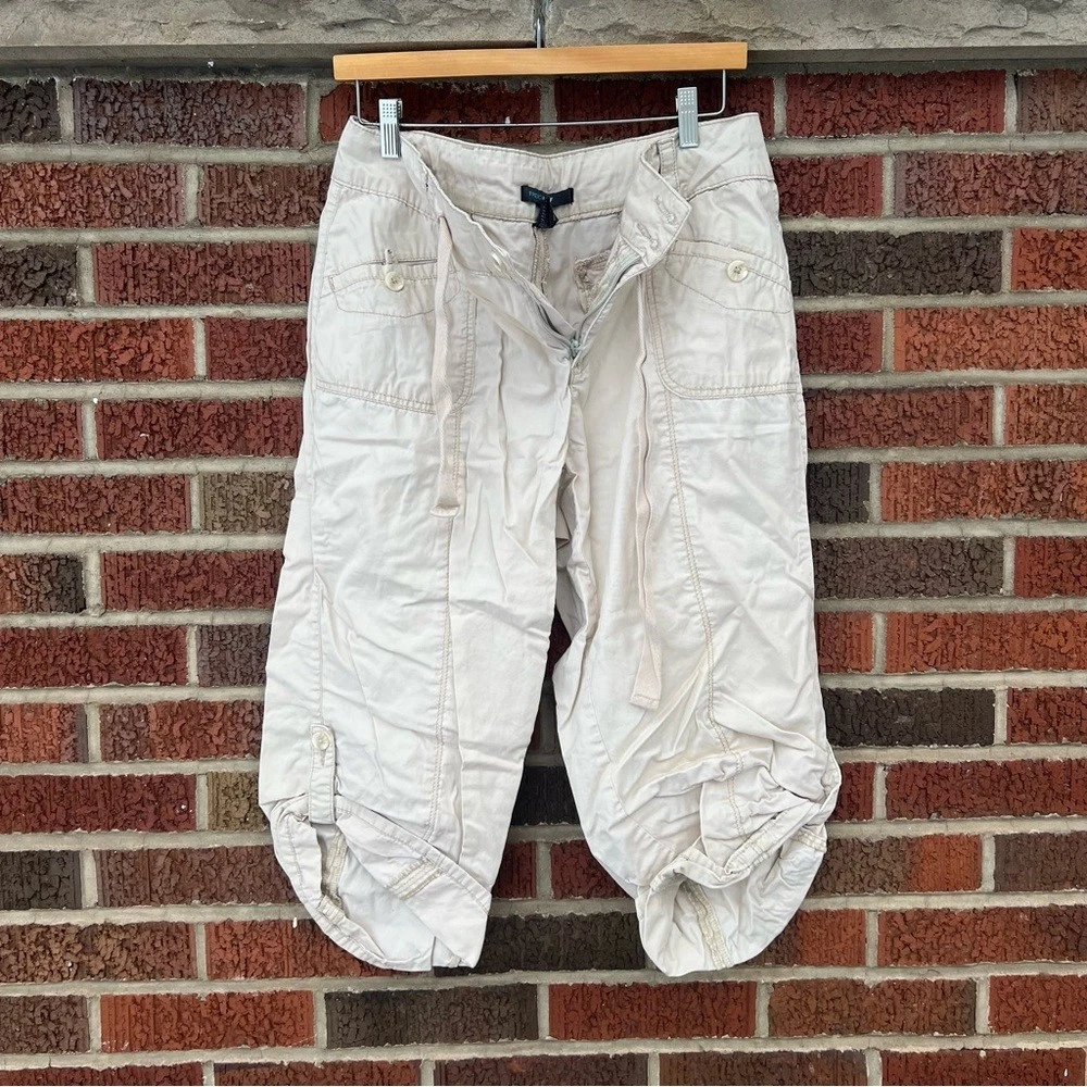 French Cuff Tan Beige Mid Rise Cargo Capri Pants