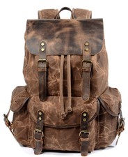 Leather Backpack for Men, Waxed Canvas Shoulder Rucksack Carry-On Travel Back...